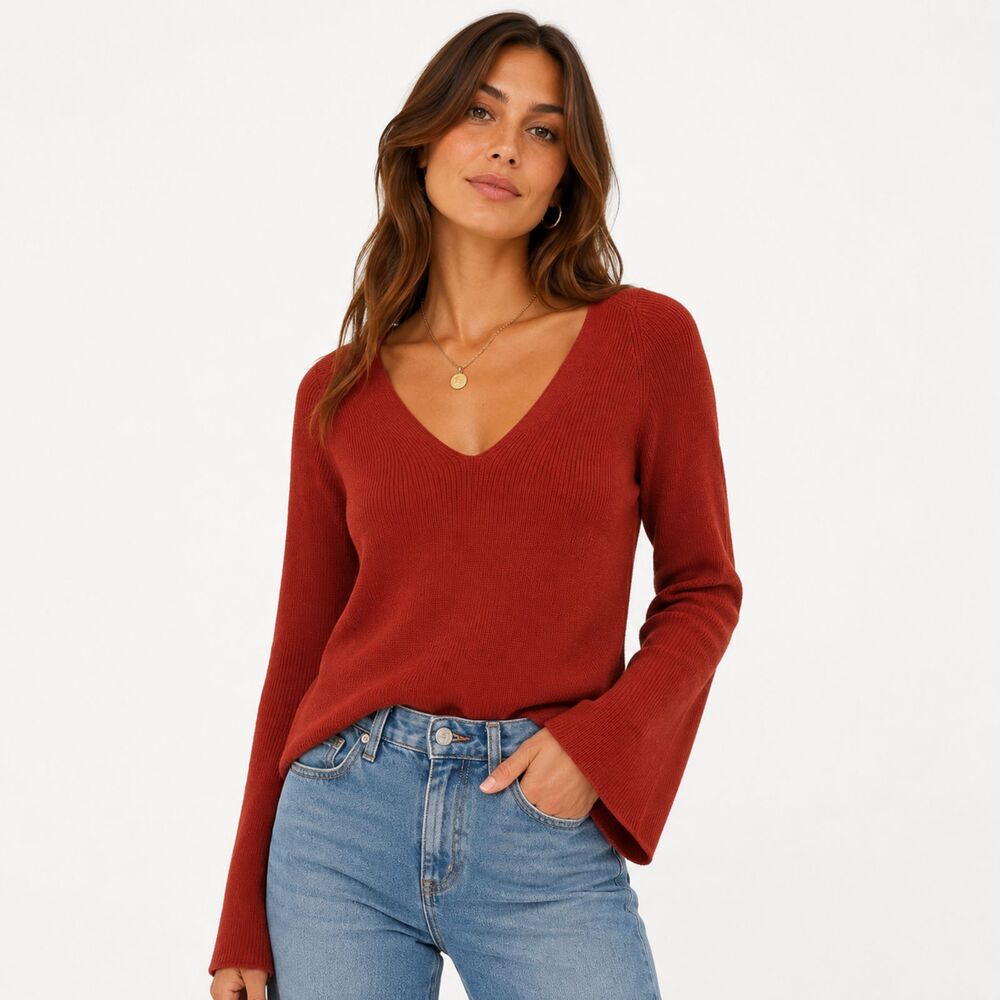 Madewell Women Knit Pullover Sweater Sz XS Flared-Sleeve V-Neck Burnt Orange Top